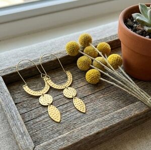 Boho Hammered Brass Dangle Earrings Triple Drop Statement Artisan Gold Tone 3.5"